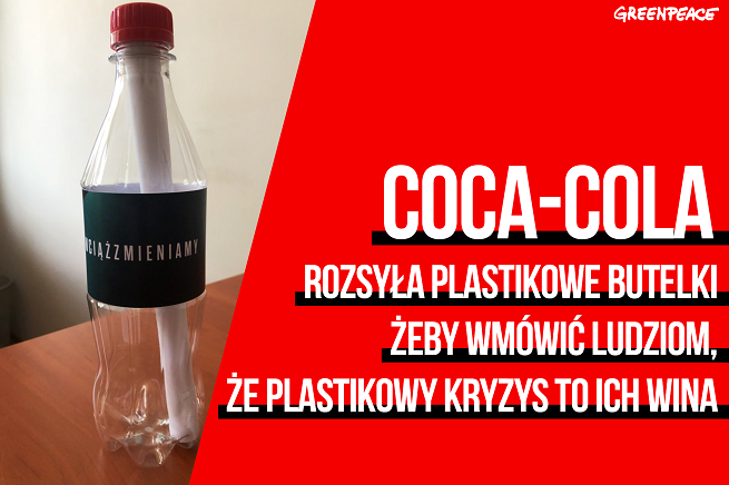 Grafika Greenpeace Polska krytykująca akcję Coca-Coli o recyklingu