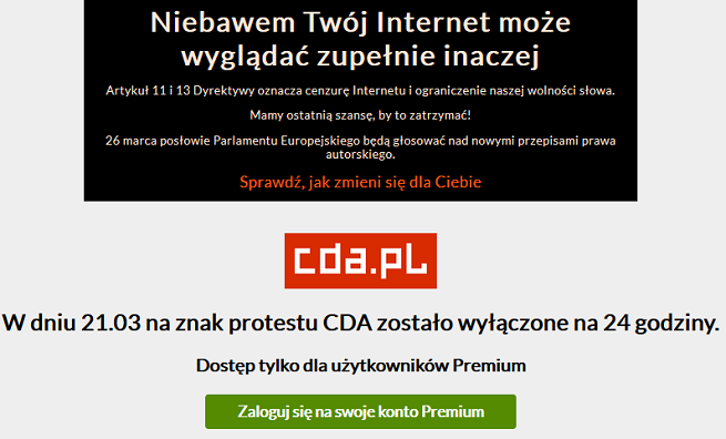 Strona główna CDA.pl w proteście przeciw dyrektywie o prawach autorskich
