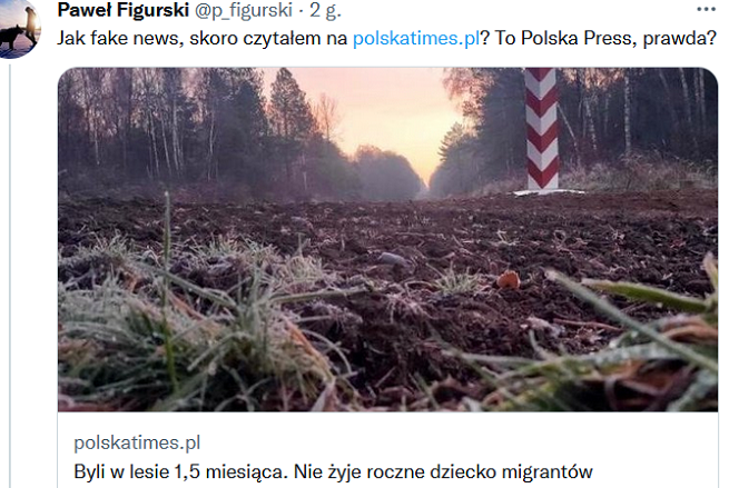 Wpis Pawła Figurskiego z linkiem do tekstu usuniętego niedługo potem z portalu Polskatimes.pl