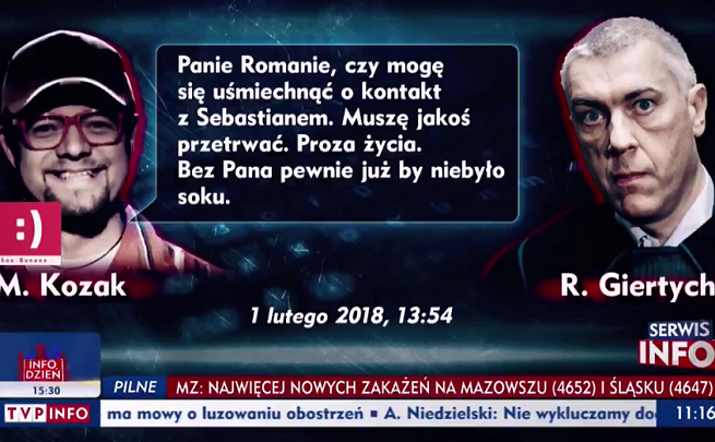 Grafika w TVP Info z fragmentem rozmów Romana Giertycha i Mariusza Kozaka-Zagozdy