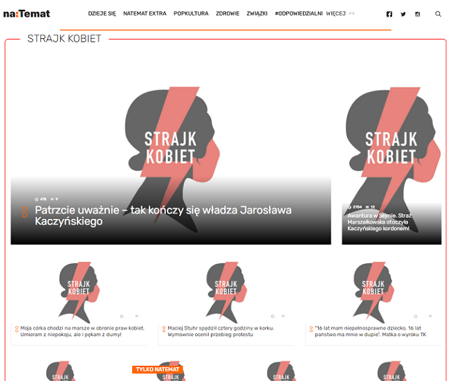 Strona główna naTemat.pl z symbolami Strajku Kobiet