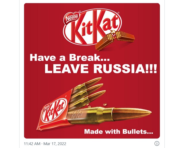 Przeróbka reklamy marki KitKat apelująca do Nestle o wycofanie się z Rosji